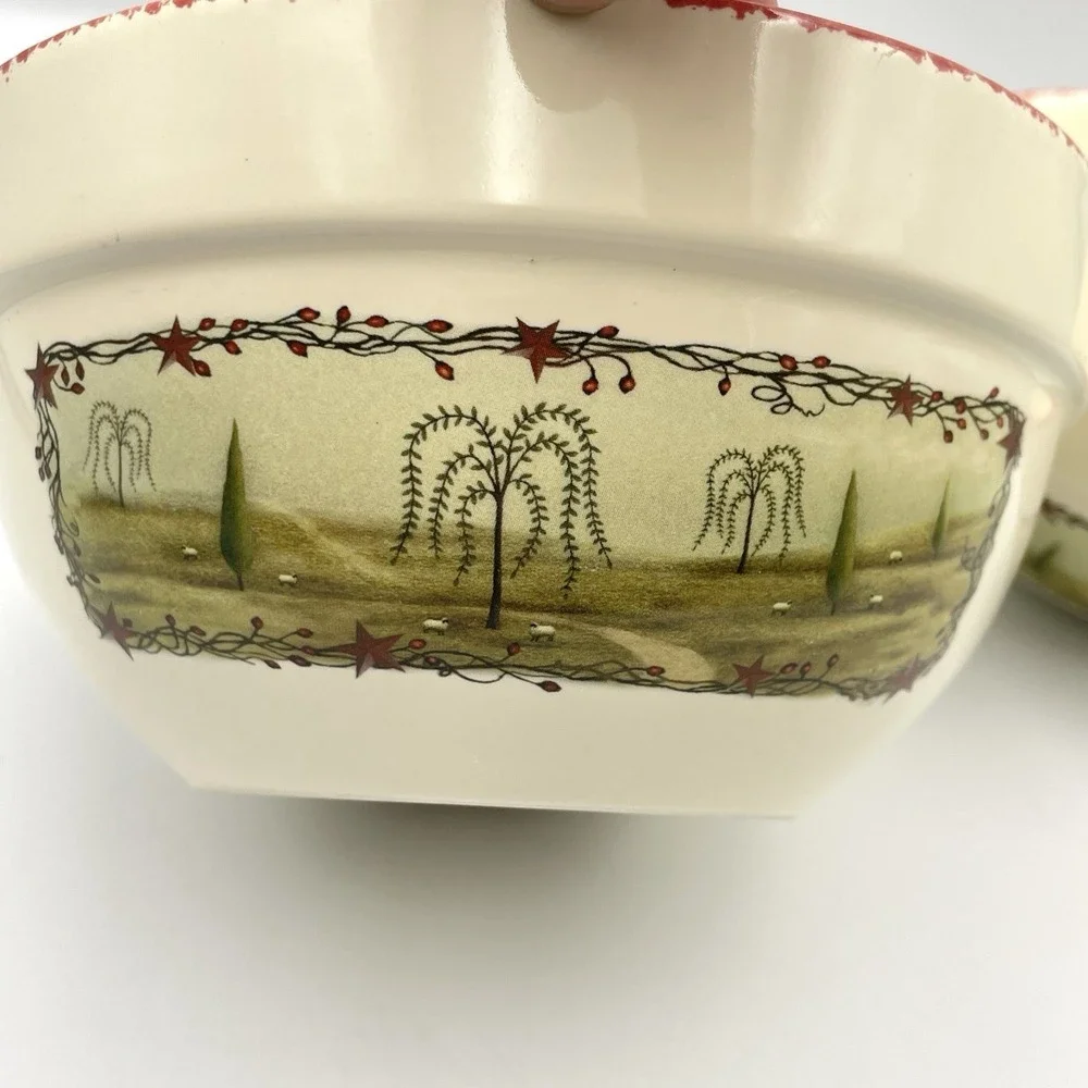 HUABO Farmhouse Mixing Bowls Set Of 2 Country Landscape Rustic Sponge Rim‎